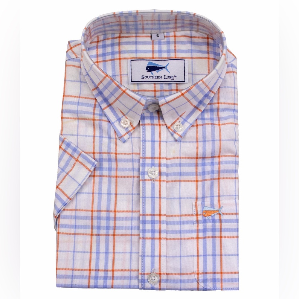 Southern Lure Youth Short Sleeve Woven Sport Shirt - Orange Blue Railroad Plaid